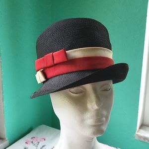 Gorgeous Antique 1920s/30s Best & Co Black Straw Hat with Red & Cream ribbons